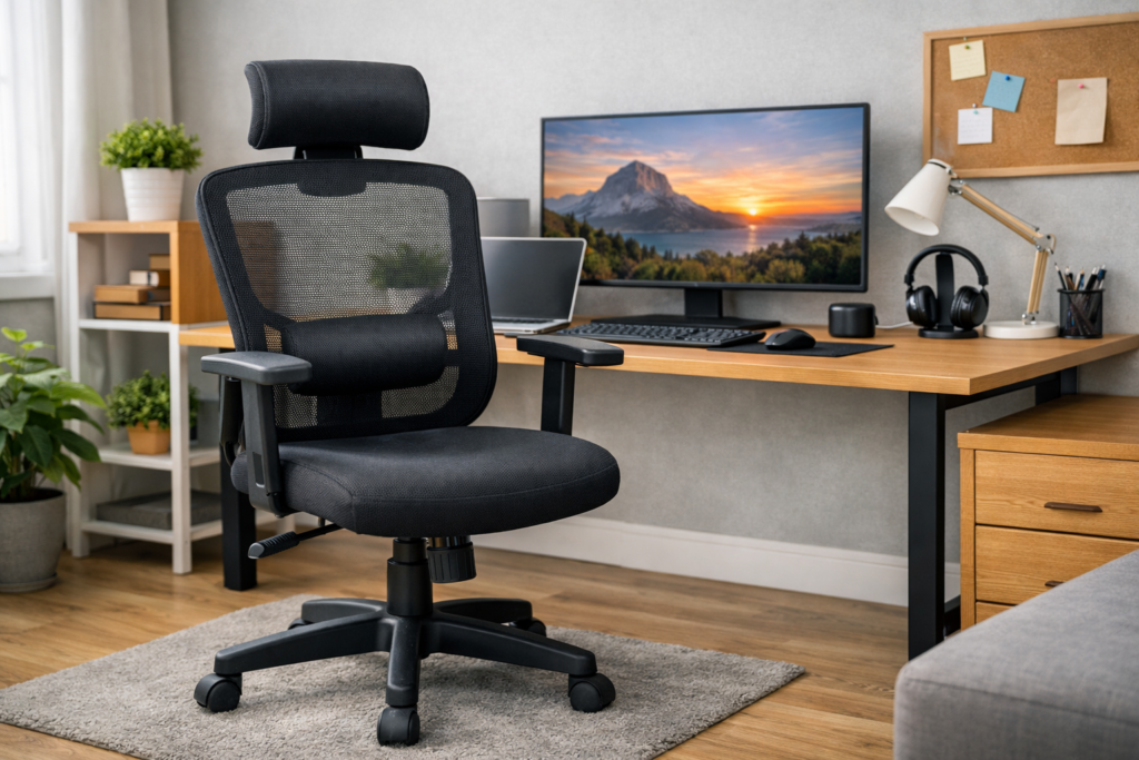 Cadeira ergonômica barata em home office moderno, ideal para conforto e custo-benefício em 2026